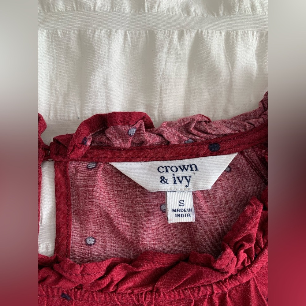 Crown & Ivy Maroon Blouse with Navy Dots and Trim - Picture 6 of 16